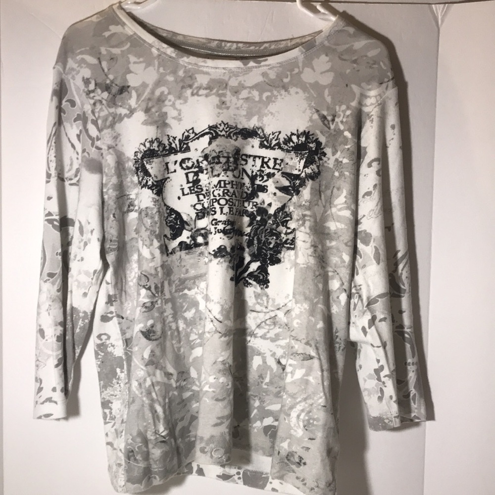 Nicole Miller top size L long sleeves silver  black white gray cotton casual